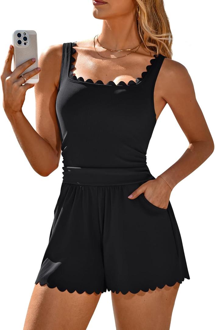 Charmo Scalloped Cute Romper Swimsuit for Women 2026 Tummy Control One Piece Bathing Suit Modest Swimsuit with Shorts, Black, M 