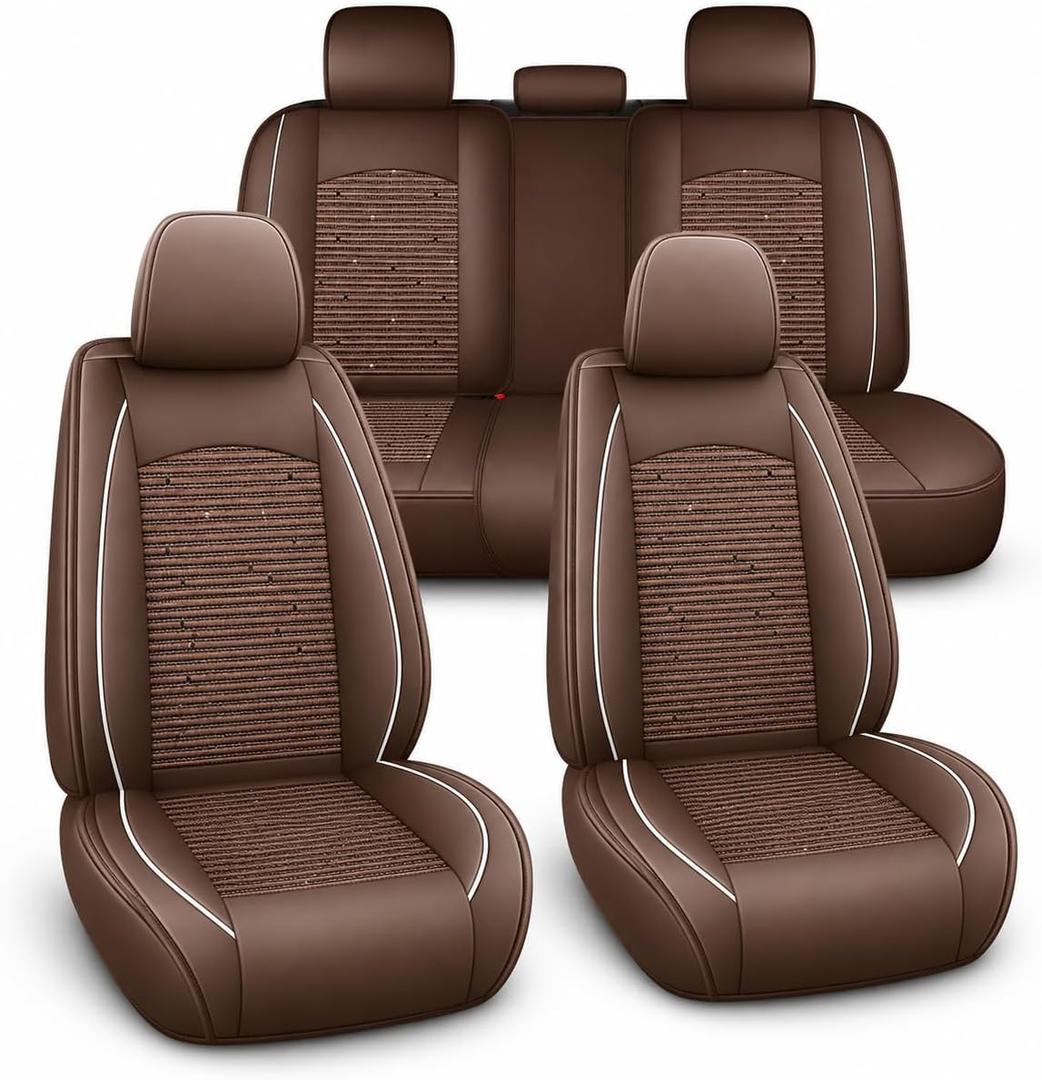 Car Seat Covers Full Set, 5 Seats Universal Seat Covers for Cars, Ice Silk Breathable Fabric& Faux Leather Auto Seat Cushions, Front and Rear Seat Protectors Fit for Most Sedans SUV Truck, Brown