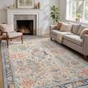 Area Rugs 8x10 Clearance Washable Boho Rug for Bedroom Living Room, Non Slip Thin Low Pile Chenille Carpet for Dining Room,Vintage Farmhouse, Teal/Multi