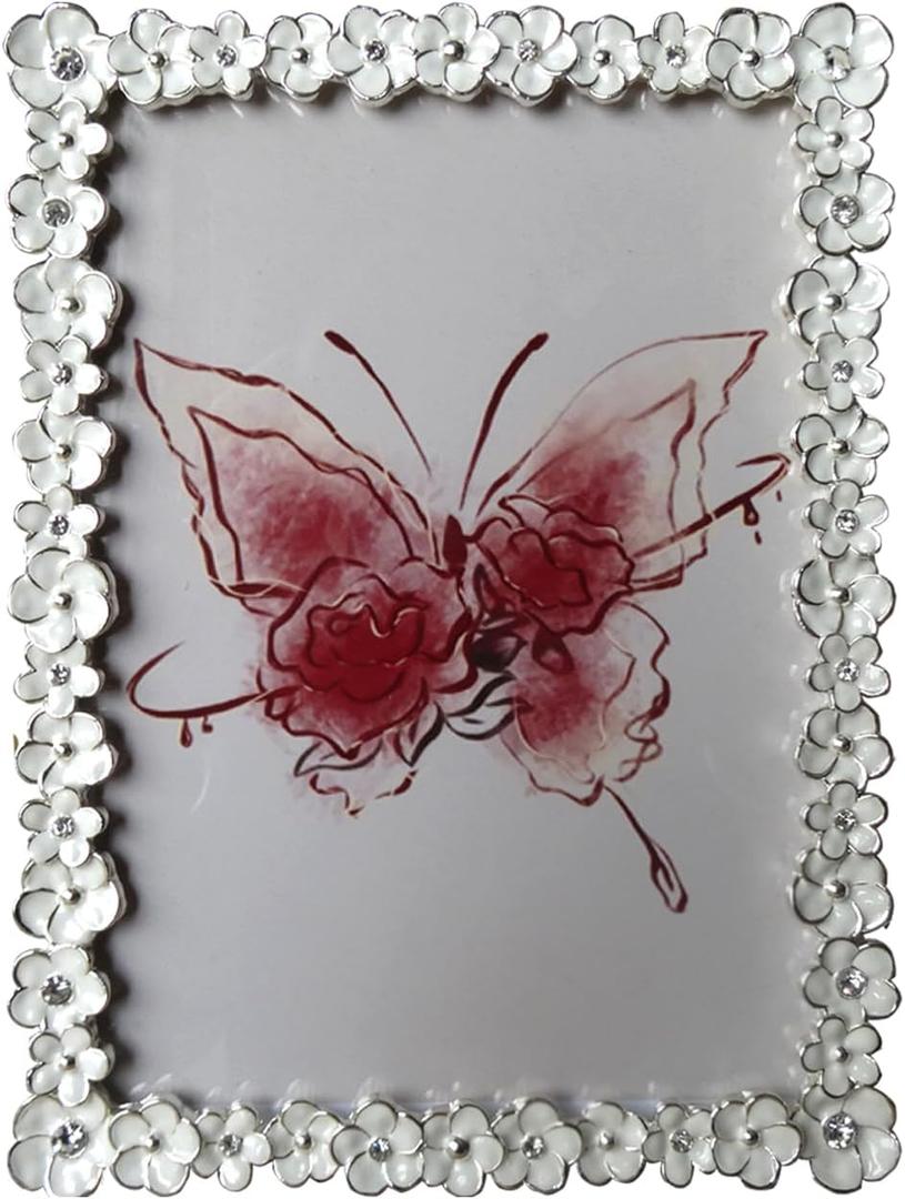 Metal Picture Frame Silver Plated with White Flower Enamel Lovely Flowers Photo Frame 5 x 7 inch for Home Decor, Wall Mount and Tabletop Display, Art Gallery Gift (Sliver-White, 5 * 7inch)