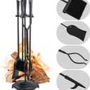 FEED GARDEN Fireplace Tools Set 5 Pieces Modern 32 Inch Outdoor Wrought Iron Fireplace Accessories Set with Log Holder Poker, Tong, Shovel, Brush, Base, Black
