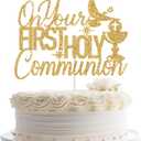 On Your First Holy Communion Cake Topper, Christian Baptism/Baby Shower Cake Decor, Religious Wedding/Bridal Shower Decorations Gold Glitter