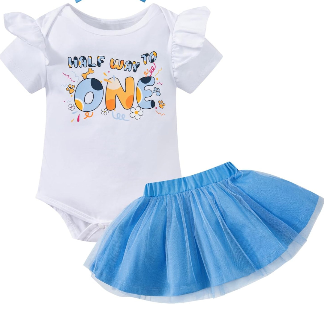 Newborn Baby Girl Cow First Birthday Half Way To One Birthday Romper Outfit Skirt, Size 3-6 months