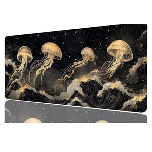 Golden Jellyfish Desk Mat Gaming Desk Pad Large Mouse Keyboard Pad Black and White Night Sky Wave Desktop Mat for Keyboard and Mouse Extra Large Full Desk Computer Pads Desk Decor 31.5" x 11.8"