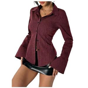 Women Slim Fit Button Down Striped Shirt Long Sleeve Fitted Button Up Shirt Vintage Y2K Pinstripe Collared Blouse Medium