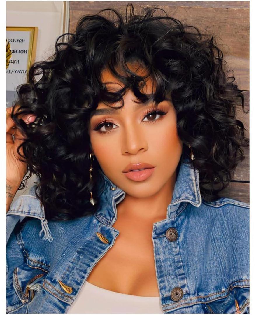 Short Curly Wigs with Bangs for Black Women, Loose Wavy Afro Kinky Curly Wig, Soft Heat Resistant Synthetic Hair Natural Looking Wig for Daily Party Cosplay (Black)