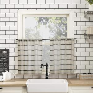 Clean Window Twill Stripe Anti-Dust Allergy/Pet Friendly Anti-Dust Sheer Cafe Curtain, 52" x 24, Black/Linen