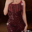 Women's Sparkling Sequin Fringe Mini Dress Party Clubwear Sleeveless Spaghetti Strap Bodycon Dress (L)