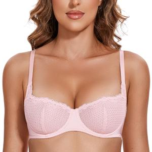Wingslove Women's Sexy Lace Bra Mesh Balconette See Through Bralette Half Cup Sheer Bras Unlined Underwire Suppport (L)
