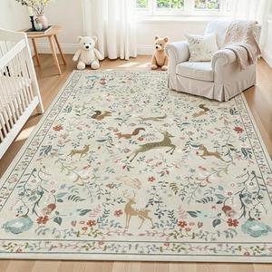 5x7 Area Rugs Washable Rug: Lagre Boho Living Room Rug Soft Non-Slip Thin Carpet Indoor Floor Non-Shedding Neutral Floral Carpets for Bedroom Dining Room Farmhouse Nursery Beige Animal