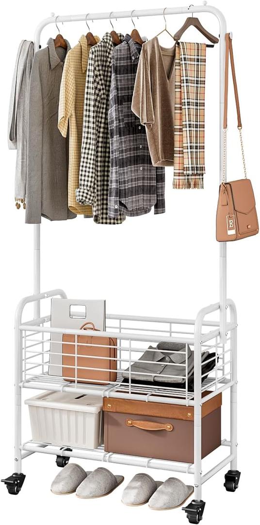 SUOERNUO Laundry Basket with Wheels Rolling Laundry Hamper Laundry Sorter Cart Shelf Hanging Rack, White