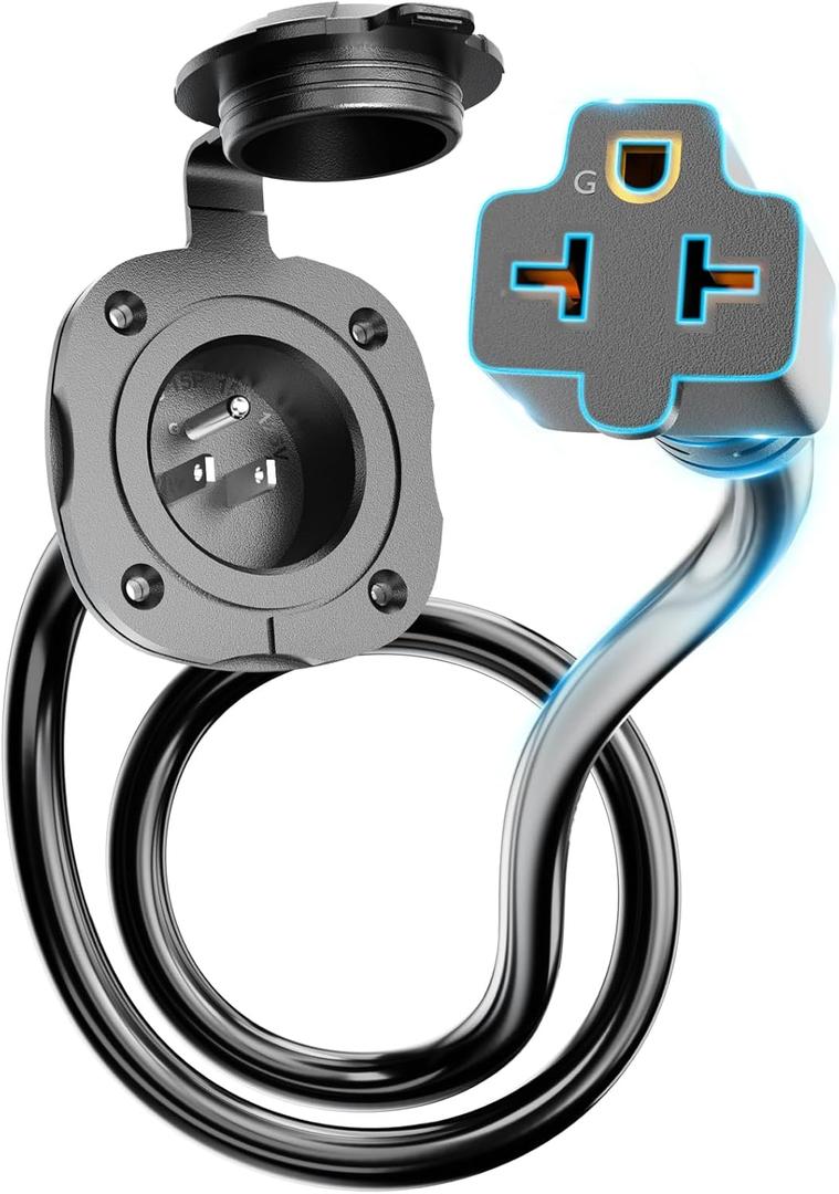 WELLUCK RV Shore Power Inlet Charger Plug 20 Amp 125V AC Power Inlet Port Plug with Integrated Dual 18" Extension Cord, RV Flanged Inlet with Waterproof Back Cover (20Amp AC Port Plug)