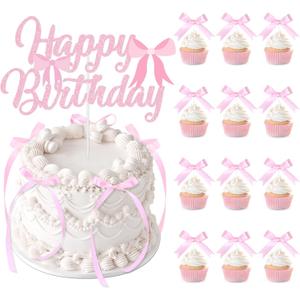 Pink Bow Cake Toppers, Happy Birthday Sign, 12Pcs Ribbion Bow Cupcake Toppers & 6Pcs Cake Toppers for Pink Bow Birthday Decorations, Baby Shower, Bridal Shower, Graduation Party
