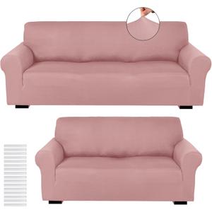 Peryiter 2 Pcs Sofa Covers Loveseat Couches Covers for Living Room Slipcover Set Furniture Protector for Couch Arm Chair, Form Fit Stretch, Wrinkle Proof(Light Pink,Milk Silk)