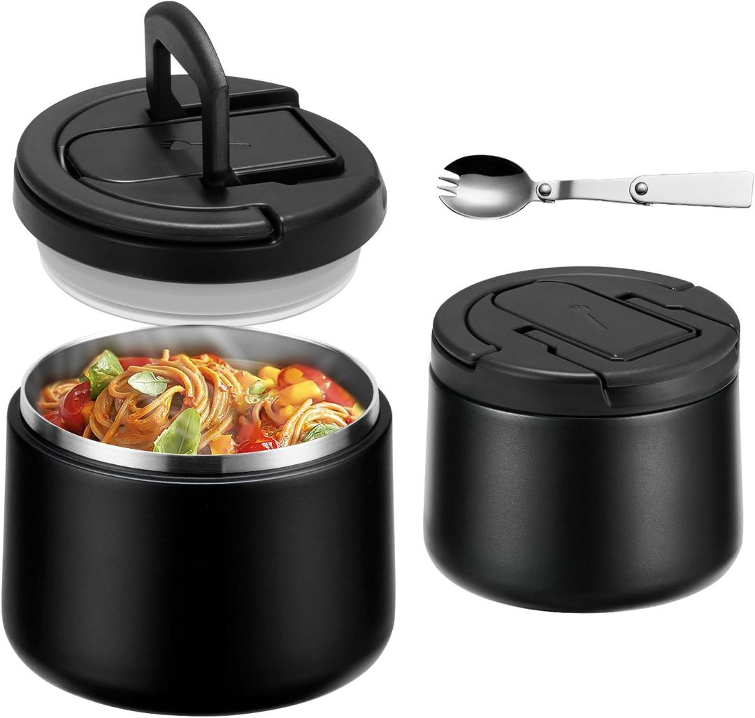 14oz Insulated Vacuum Food Jar with Buckle Lid,Soup Thermo for Hot Food Kids,Wide Mouth Leakproof Stainless Steel Lunch Container with Spoon-Black