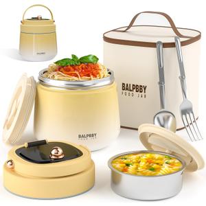 Thermo for Hot Food Adults 40OZ Soup Thermo Lunch Containers Wide Mouth Vacuum Insulated Food Jar Stainless Steel Leakproof Lunch Box with Spoon and Fork, Keeps Food Warm, Ideal Gift for Women (Yellow White)