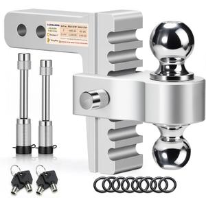 Aircraft Aluminum Adjustable Trailer Hitch for 2 Inch Receiver, Tow Dual Ball 2'' & 2-5/16'' Towing Weight 12,500 LBS, 6'' Drop/Rise, Lightweight/Anti Rust Anti Rattle, Bulletproof Lock Pin