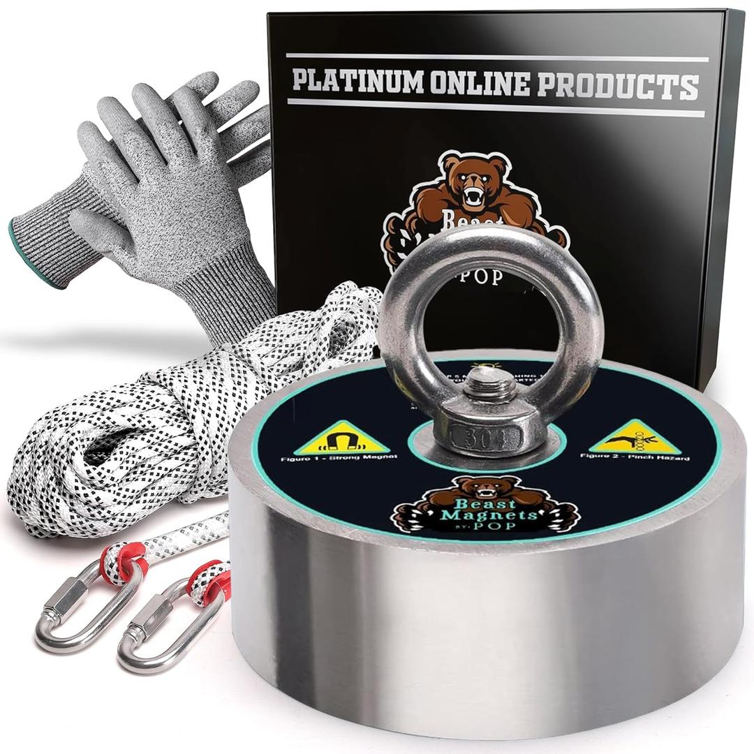 3600lb Complete 360 Degree Magnet Fishing Kit | Includes Strong 360 Neodymium N52 Magnets Durable 10mm 65ft Rope, Carabiner, Gloves