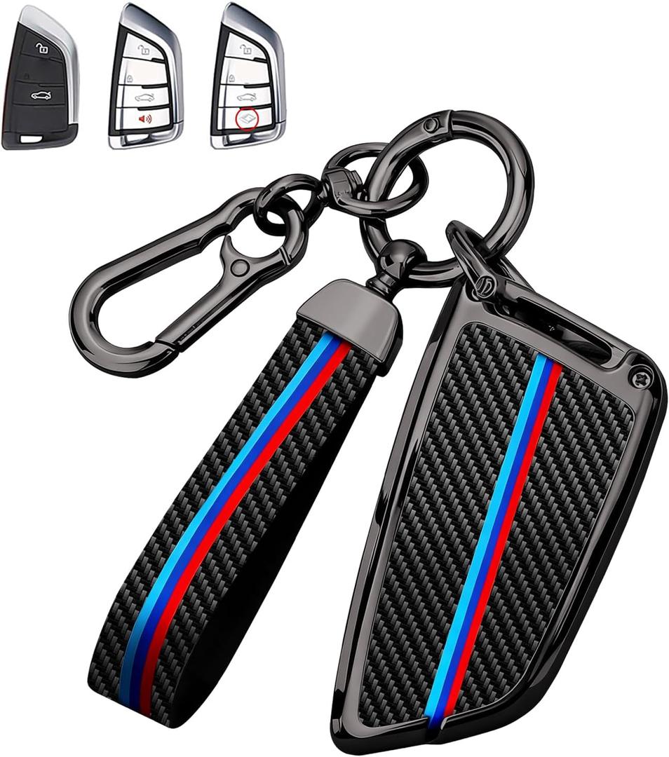 for BMW Key Fob Cover with Keychain, Carbon Fiber Metal Key Fob Case Fit for BMW X3 X5 X6 X1 X7 X2 GT 5 7 2 6 Series, Blade Shape Full Protection Key Shell Accessories for Man Woman