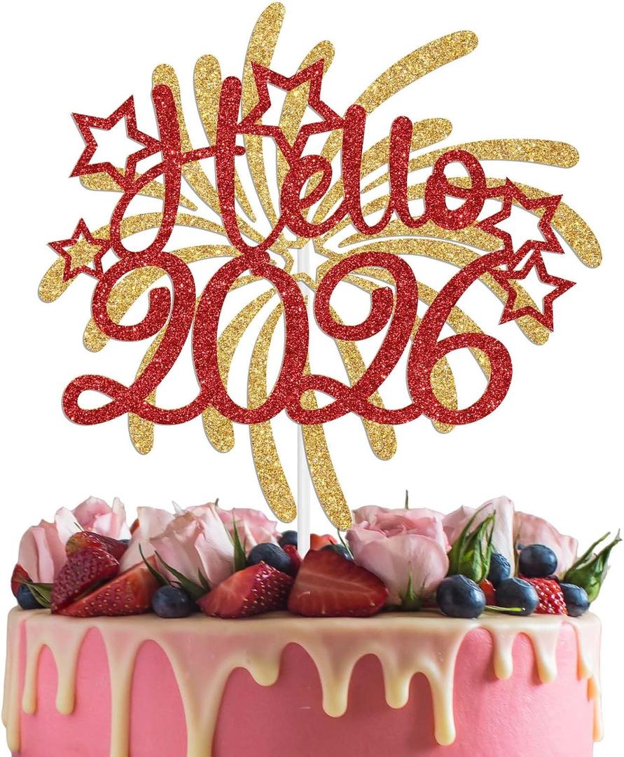 Hello 2026 Cake Topper, Welcome 2026 Cake Decorations for Cheers to 2026, Happy New Year Night Theme Winter Festive Holidays Party Supplies, Gold Glitter