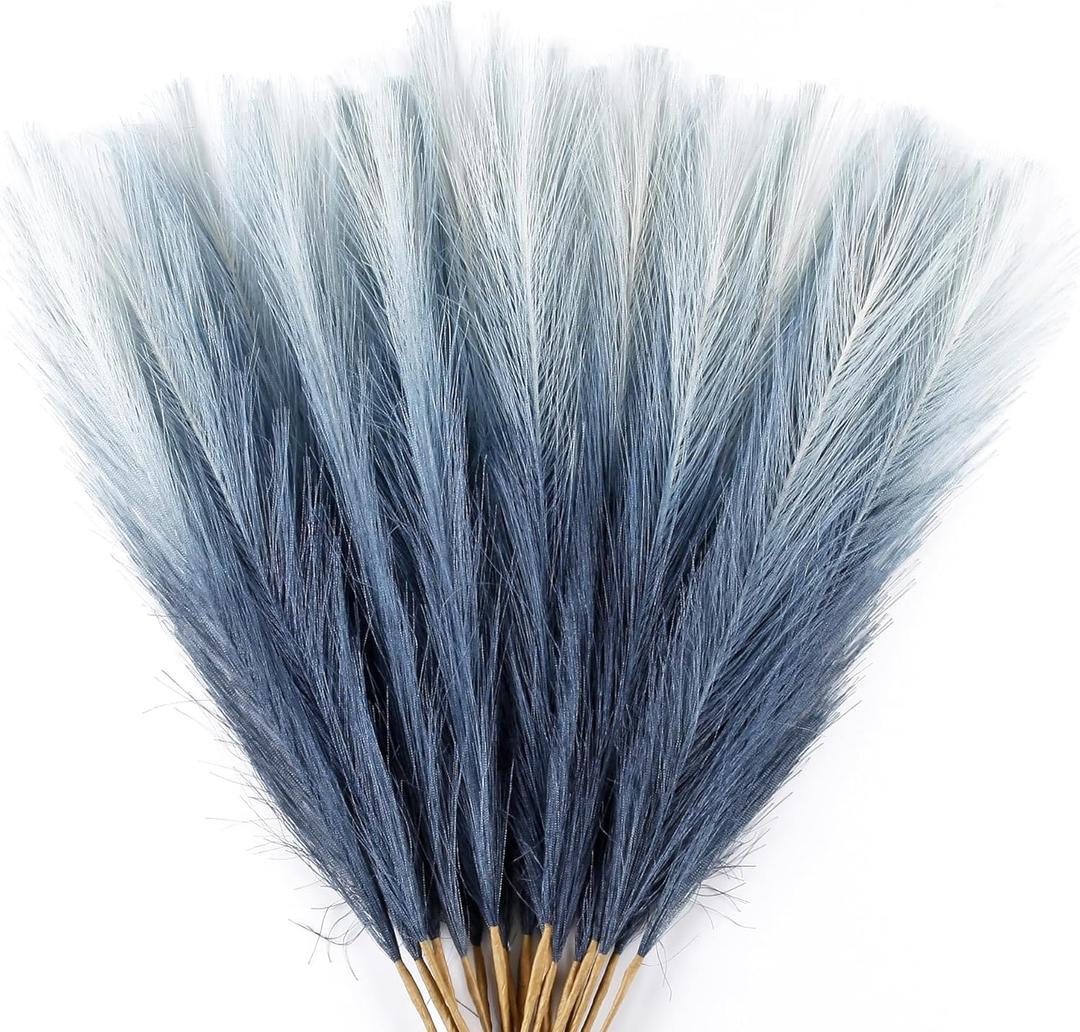 20Pcs Navy Blue Gradient and White Faux Pampas Grass Decor, 21.7" Pompas Grass Flower Arrangement and Vase Filler for Boho Home Wedding Decoration