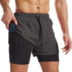 Surenow Mens 2 in 1 Running Shorts Quick Dry Athletic Shorts with Liner, Workout Shorts with Zip Pockets and Towel Loop (Gray, XL)