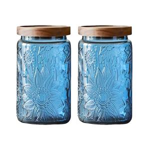 Set of 4 Vintage Blue Glass Storage Jars with Wood Lids, 34oz Kitchen Canisters for Coffee, Sugar, Cookies, Candy – Decorative Pantry Organizers (Blue 4 , 34 Ounces)
