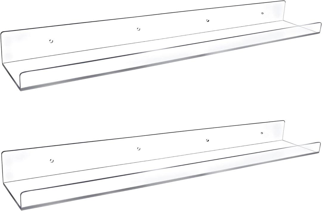 24-Inch Long Clear Acrylic Floating Shelves Wall Ledge Invisible Wall Mounted Floating Bookshelf U Shape Wall Shelf for Book Display Makeup Product Spice Organizer 2 Pack