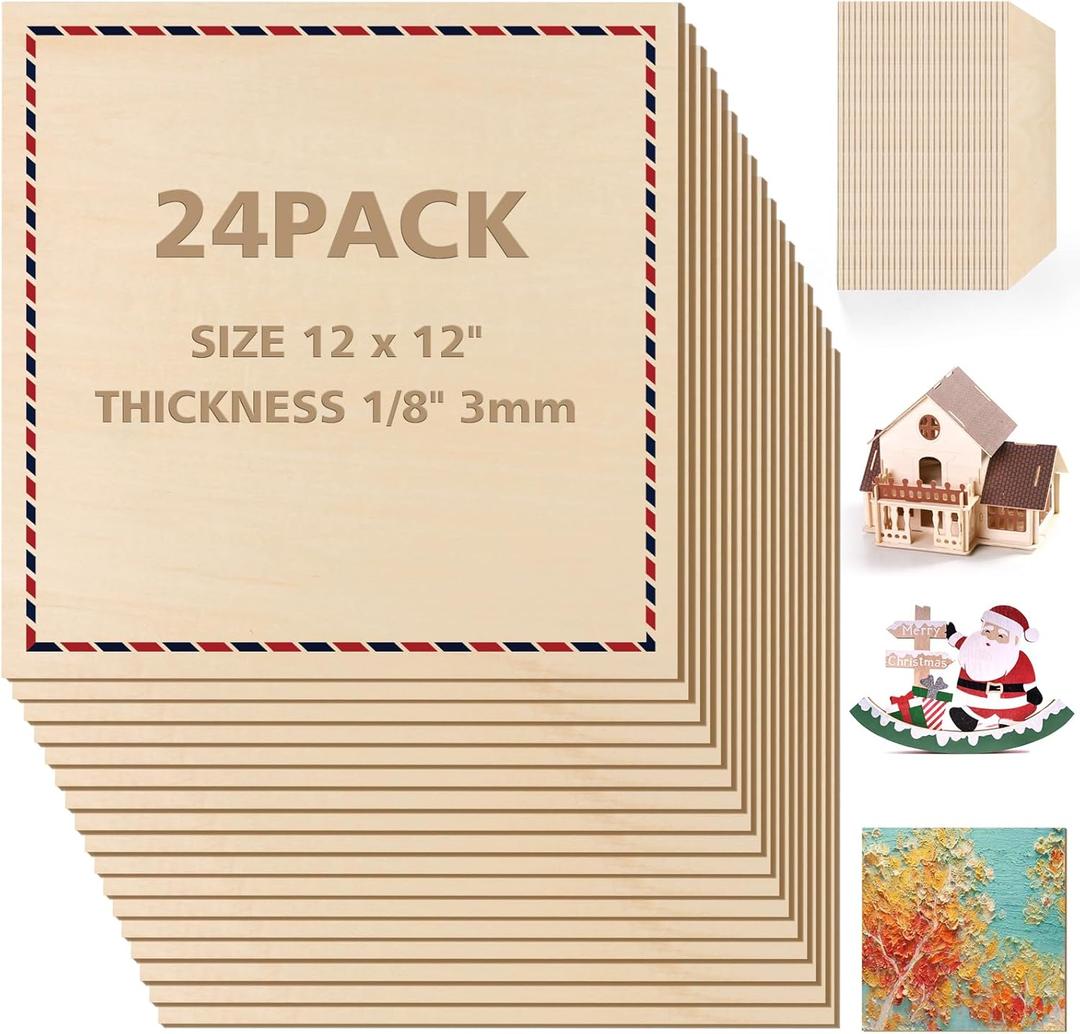 Adrattnay Basswood Sheets 3mm - 1/8 x 12 x 12 inch, 24pcs Square Laser Basswood Plywood for Laser Cutting & Engraving DIY Crafts, Wood Burning, Painting, Architectural Model Building (24PACK)