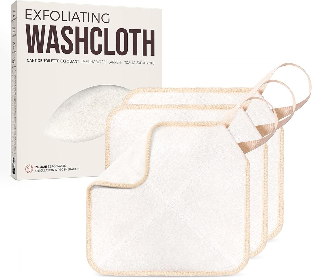 ZOMCHI Exfoliating Washcloth for Face and Body, Dual Function Wash Cloth with Soft and Rough Sides, Exfoliating Scrub Bath Towels, Washcloth with Loop (White, 3 Pack)