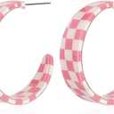 Checkered Big Grid C Shape Hoop Earrings Colorful Chunky Shape Trendy Earrings Cute Candy Acrylic Resin Earrings Jewelry for Women (Pink)