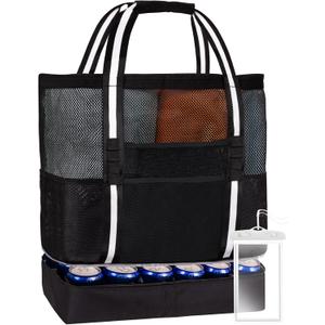 Beach Bag Mesh Tote for Women with Insulated Cooler plus Waterproof Bag for Phone,7 Outside Pockets,1 Inner Clear PVC Zipper Pocket Pool Accessories Travel Supplies