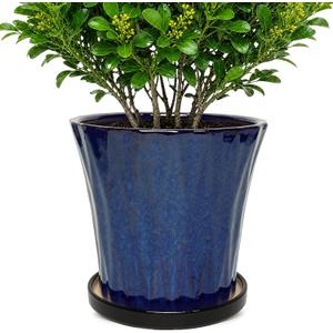 10 Inch Ceramic Planters with Drainage Hole and Saucer,Indoor Outdoor Large Flower Pots, Garden Pot for Plant Lovers (Blue)