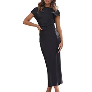 Gmeitoey 2025 Satin Cap Sleeve Cowl Back Summer Dresses for Women Elegant Ruched Waist Wedding Guest Midi Dress Black, Medium