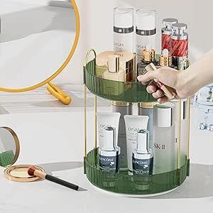 COMVTUPY 360° Rotating Makeup Organizer - Large Capacity Makeup Skincare Perfume Organizer Bathroom Organizer for Countertop Green 2 Tier, Green
