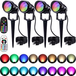 SUNVIE Spot Lights Outdoor 12W RGBW Color Changing Landscape Lights with Remote Control 120V RGB Landscape Lighting Waterproof Outdoor Spotlights for Yard Garden Patio Lawn Decorative, 4 Pack