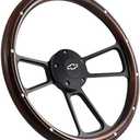 14" Wood Mahogany Black Billet Steering wheel Kit with installation adapter fits Chevy GMC cars trucks horn button replacement pickup