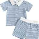 Baby Toddler Boy Clothes Striped Button Down Shirt Tops + Elastic Waist Shorts Infant Boys Summer Outfits 2PCS Sets (A Blue, 2-3T)