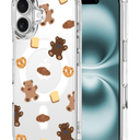 MAYCARI Cute Bear Theme Original iPhone 16 Case Compatible with Magnet Cookie Bread Teddy Bear Clear Magnetic Phone Cover for Girls Women Soft TPU Hard Back Shockproof Protective Case for 16 6.1"