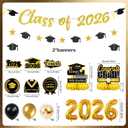 Graduation Decorations Class 2026 Grad - 26 Pcs Black Gold Graduations Caps Banners Balloons Table Honeycomb Centerpieces Haing Swirls Party Supplies for Senior High School College Congrats Decor