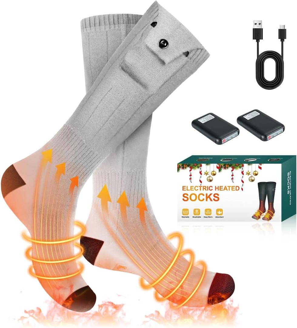 Electric Heated Socks, 3 Heating Settings Washable Heated Sock for Fishing Skiing Hiking Skating, Stocking Stuffers, 5000mAh Rechargeable Electric Socks for Men Women (Gray)
