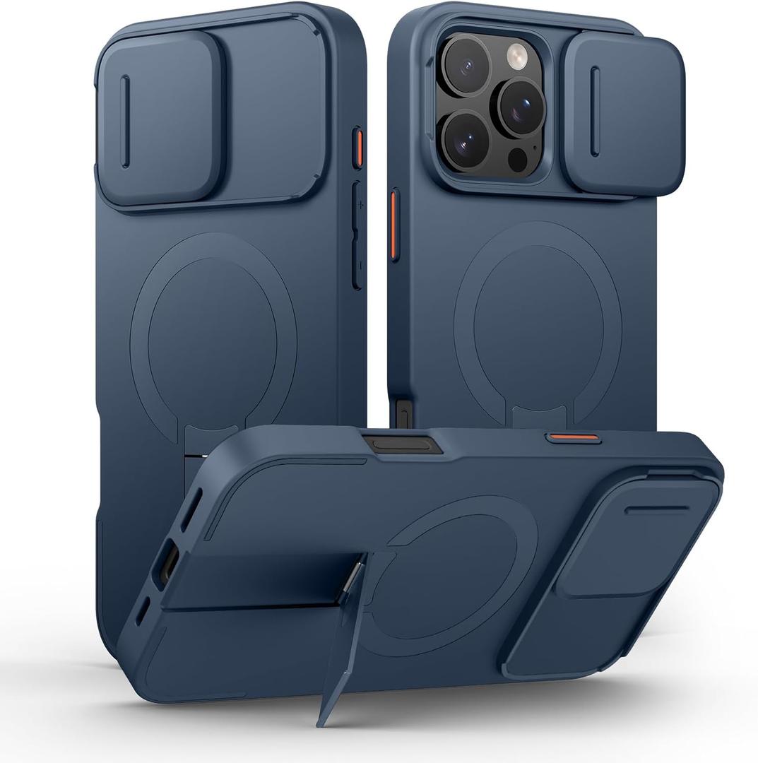 SURITCH for iPhone 16 Pro Max Case with Magnetic Camera Slide Cover and Adjustable Kickstand, Compatible with MagSafe, Shockproof Bumper Case Slim Protective Cover 6.9 Inch, Blue