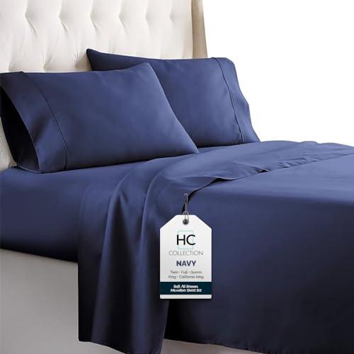 HC COLLECTION Bed Sheets Set Queen with 2 Pillowcases, Hotel Luxury Platinum 1800 Series Brushed Microfiber Deep Pocket Fitted Sheet, Fade Resistant Ultra Soft 4 Pcs Bedding for Hot Sleepers, Navy