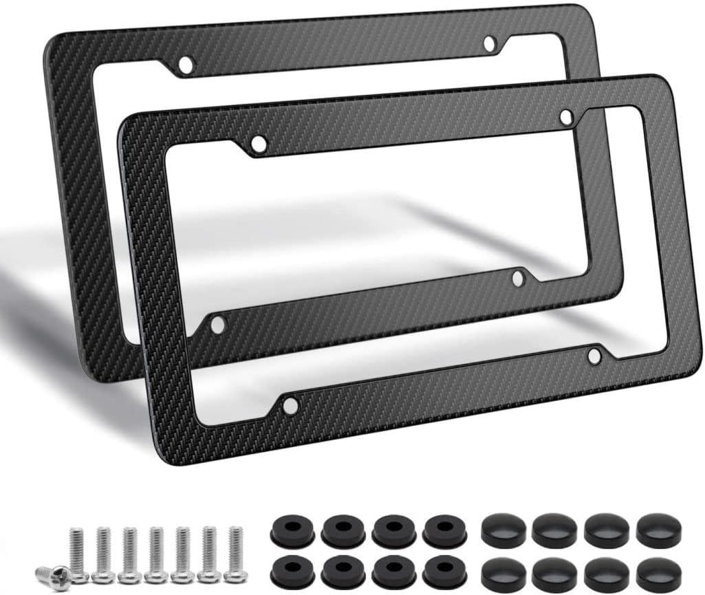 Black Carbon Fiber License Plate Frame, 2 Pack Glossy Waterproof Plastic Number Plate Frame Print Carbon Fiber Pattern for Man and Women (with Fasteners and Screws)