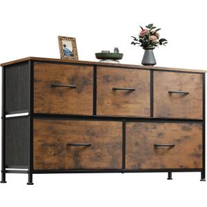 Dresser for Bedroom with 5 Drawers, Wide Chest of Drawers, Fabric Dresser, Storage Organizer Unit with Fabric Bins for Closet, Living Room, Hallway, Rustic Brown Wood