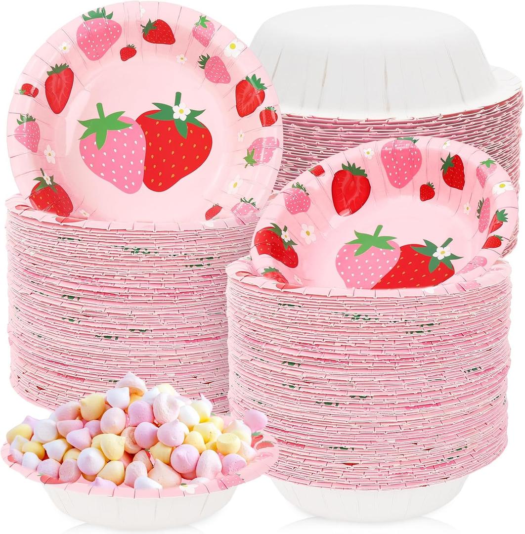 Whaline 100Pcs Strawberry Paper Bowls Pink Red Strawberry Flower Disposable Serving Bowls Cute Ice Cream Bowl for Birthday Baby Shower Party Supplies