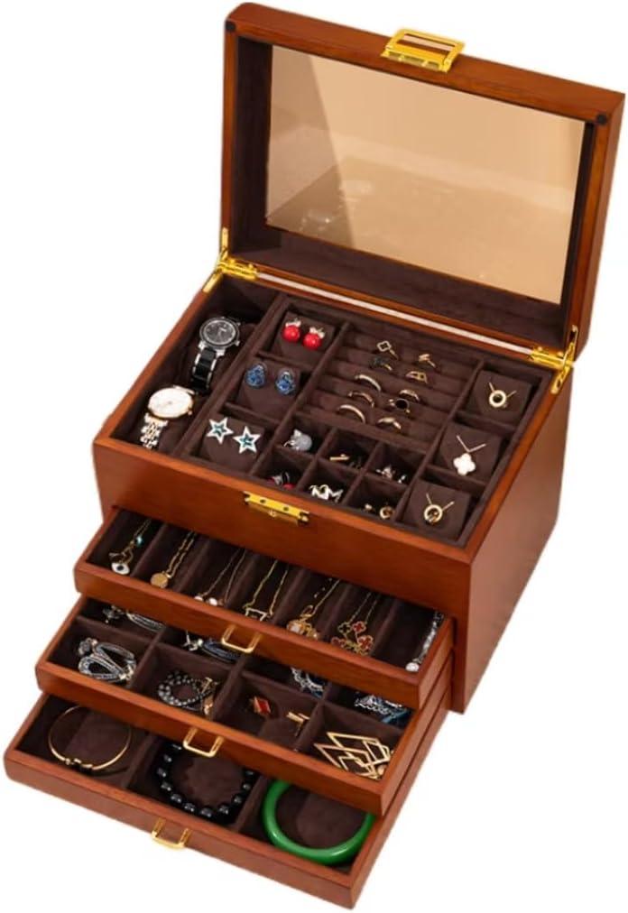 Bescott 5 Layer Solid Wooden Jewelry Box with Lock and Key for Women Men Vintage Velvet Wood Jewelry Organizer Storage for Earrings Rings Necklaces Bracelet Watch Mothers Day Gift (Deep brown velvet)