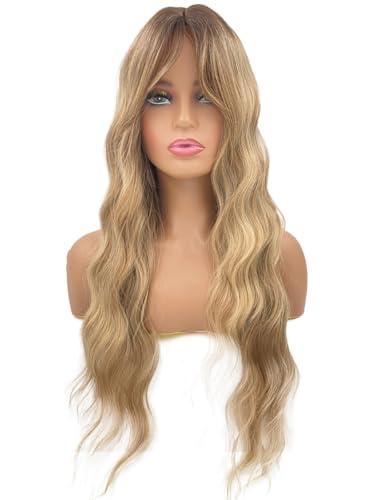JOLNVCA Long Wavy Wig Ombre Blonde Wig with Bangs for Women Lace Hairline Synthetic Heat Resistant Fiber Middle Part Natural Looking Daily Cosplay Party 26 inch