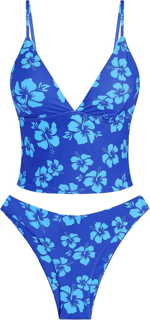 ZAFUL Women's Spaghetti Strap Tankini Swimsuits V Neck Tummy Control Tie Side Thong Bikini Swimsuits 2 Piece Bathing Suits (Blue, S)