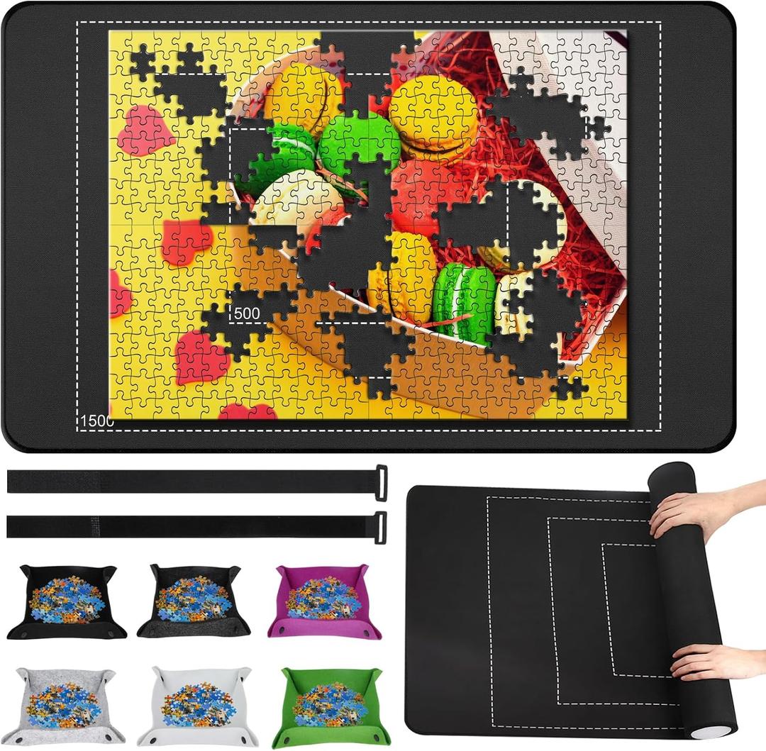 Premium Rubber Jigsaw Puzzle Mat, Roll Up, Saver Pad 46 x 26 Portable Up to 1500 Pieces with Non-Slip Rubber Bottom and Smooth Polyester Top + Storage Bag, 6 Colorful Trays, Rolling Tube